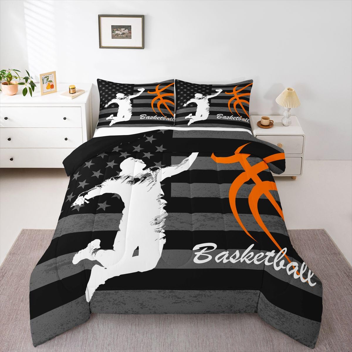 Feelyou Basketball Player Comforter Set Full Size American Flag Bedding Set for Kids Boys Girls Gaming Sports Duvet Quilt Bedroom Decor Microfiber 3 Pcs with 2 Pillow Cases