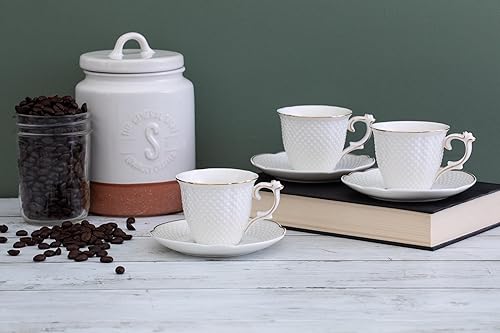 Miniatura 5 de Royal Porcelain Elegantes tazas y platillos de café expreso de porcelana blanca, 12 piezas, 3 onzas, mini taza con borde dorado, perfecto para