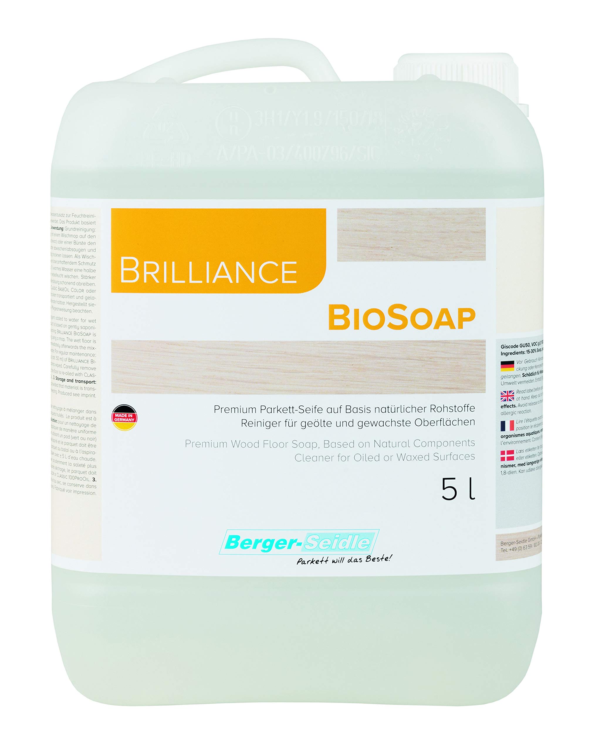 Berger-Seidle Classic BioSoap, sapone per pavimenti in legno per la pulizia e il trattamento di parquet oliato e oliato/cerato e altri pavimenti in legno (5 litri)