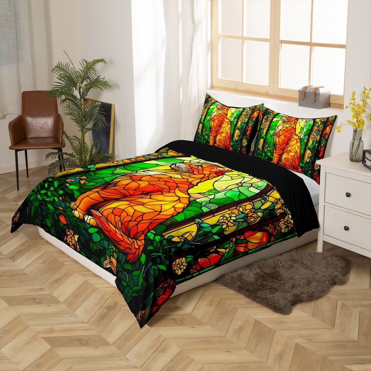 Manfei Rustic Cat Duvet Cover Set Toddler,Botanical Floral Leaves Comforter Cover 2pcs for Teens Youth,Vinatge Farm Animal Bedding Set 1 Pillowcase(No Comforter),Farmhouse Style Bedding Quilt Cover