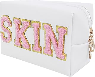 Preppy Patch Makeup Bag Waterproof Letter Cosmetic Bag Small Pu Leather Toiletry Bag Portable Zipper Makeup Pouch Preppy Organizer Pouch for Women Girls (Skin Letters)
