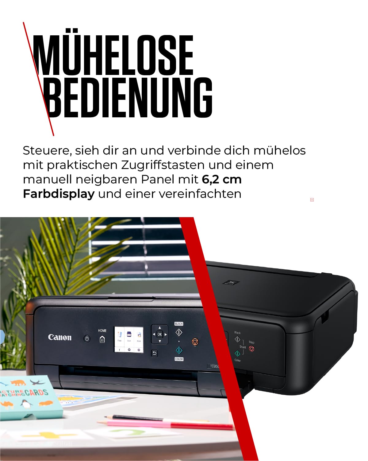 Canon PIXMA TS5150 Drucker Farbtintenstrahl Multifunktionsgerät DIN A4 (Scanner, Kopierer, Farbdisplay, 4.800 x 1.200 dpi, USB, WLAN, Duplexdruck, 2 Papierzuführungen) schwarz