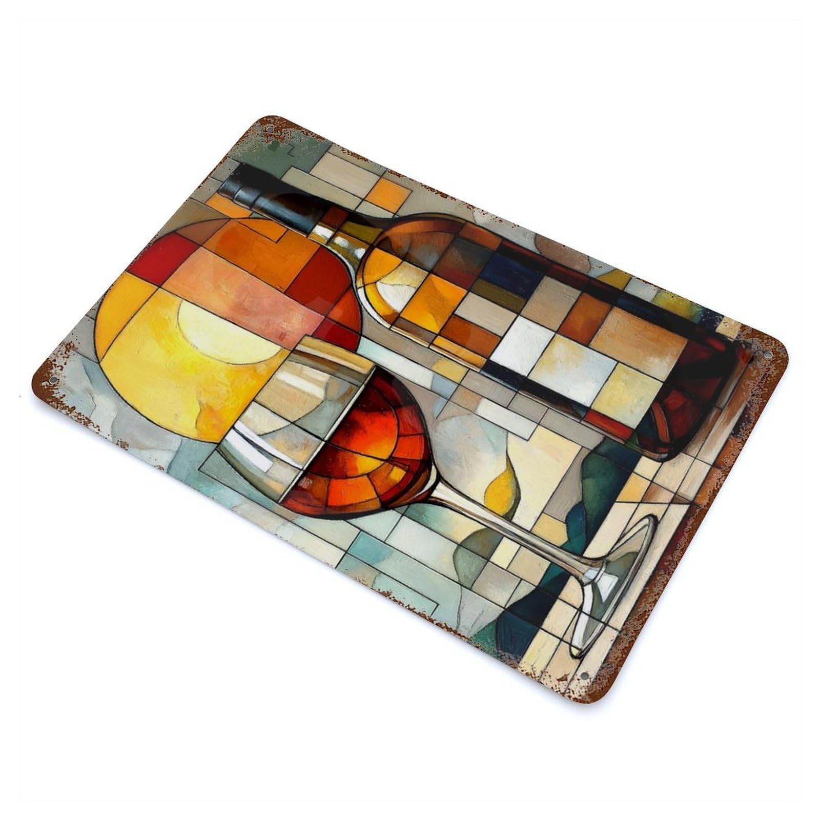 Wine And Sunset Aged Metal Wall Plaque 11.8"x7.9", Ideal for Garage, Bar And Workshop Decor