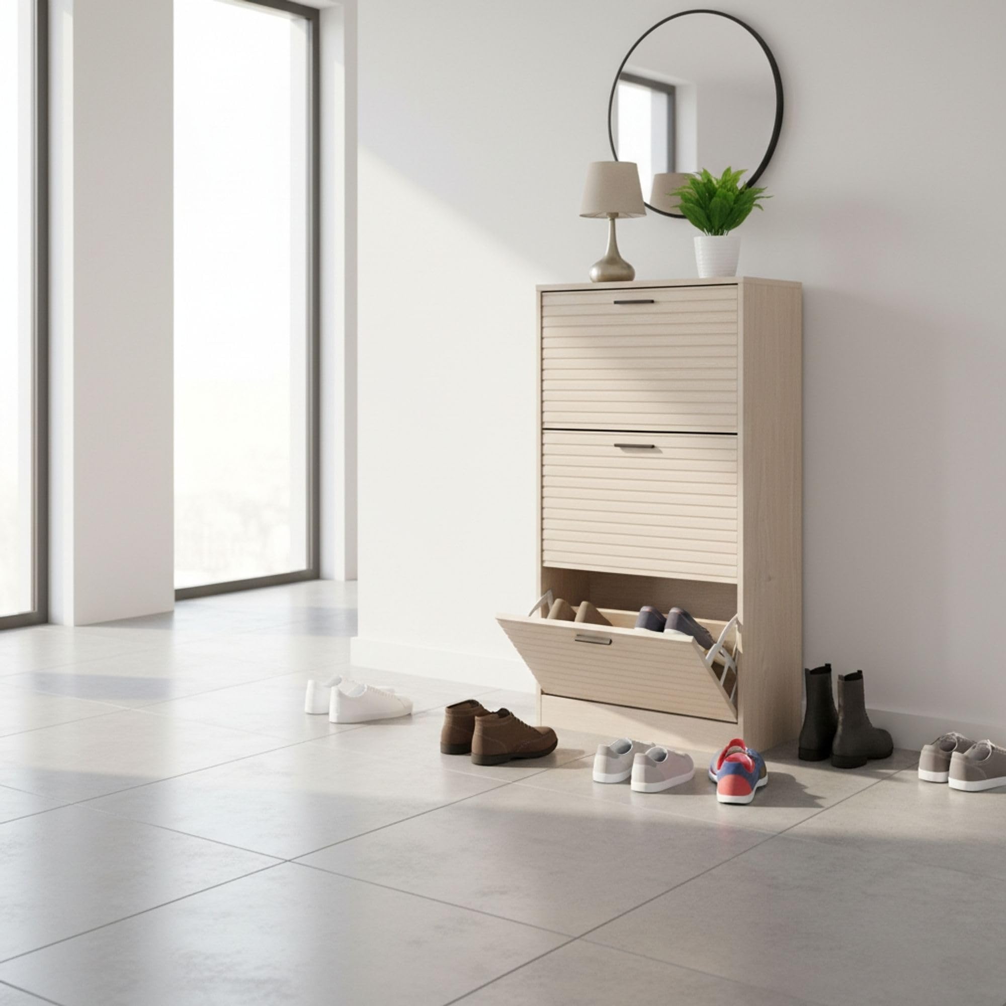 INDE MOBLEKIT | Zapatero 3 Niveles 60×24×115 cm Acabado Slat, Mueble Zapatero Entrada Estrecho con Puertas Abatibles, Organizador de Zapatos para Recibidor o Dormitorio