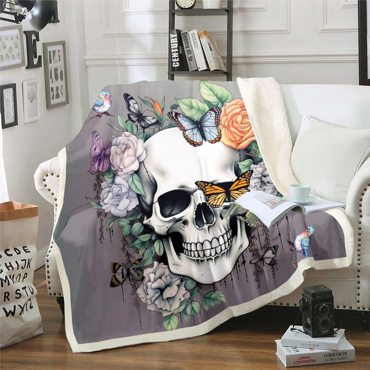 Rose Skull Throw Blanket Twin 60"X80",Goth Bird Butterfly Fleece Blanket Retro Gothic Sugar Skull Sherpa Blanket For Girls Women Men Bed Couch,Black