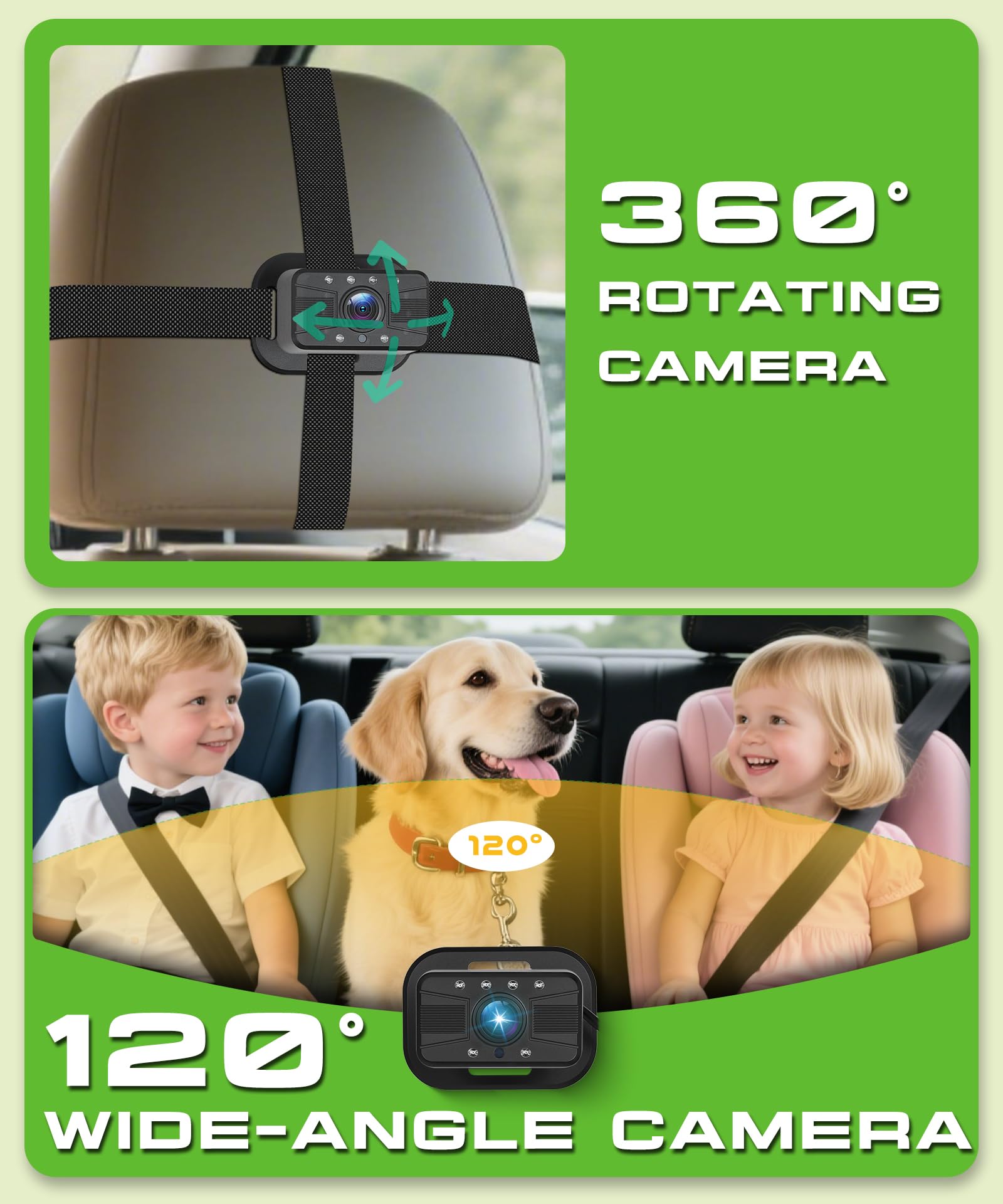 VECHTEL Camera Voiture bébé 2 enfants écran partagé 6,86 pouces HD 720P vision nocturne rotative 360° support ventouse