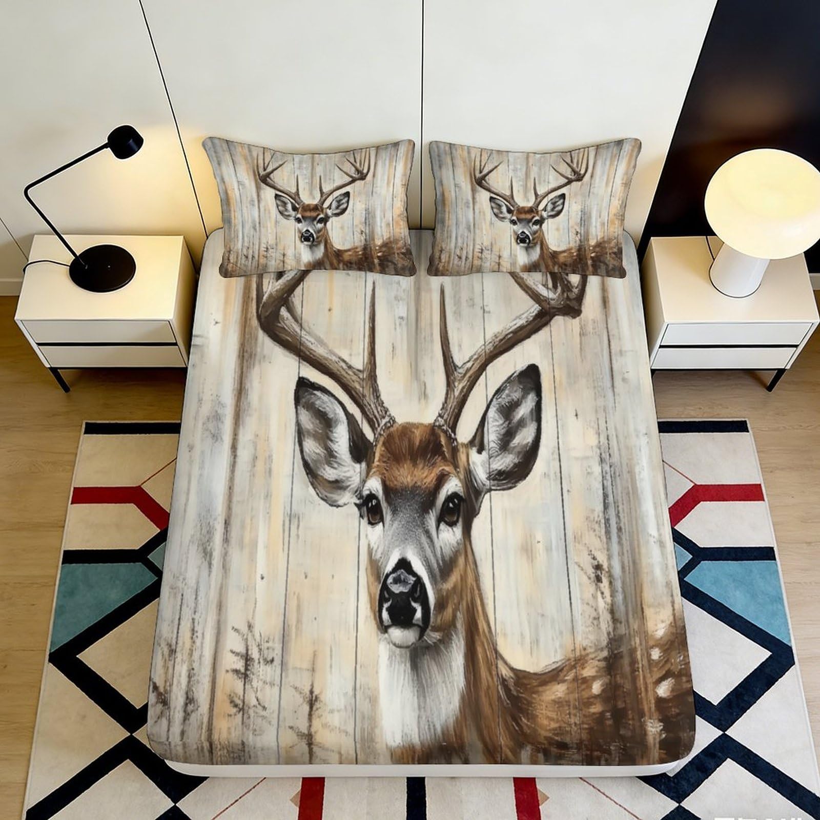 3D Printed Deer Pattern Fitted Sheet Microfiber Deep Pocket Non-Slip Deer Mattress Fitted Cover Bedroom 140x200x25cm