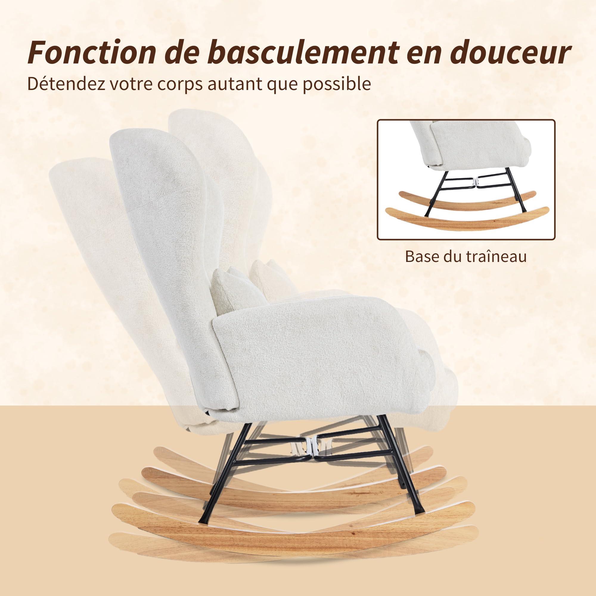 HOMCOM Fauteuil à Bascule, Rocking Chair en Velours, Chaise à Bascule avec Coussin, Assise rembourré, Dossier Haut, accoudoirs, Pieds en Acier et Base en Bois d'hévéa, pour Salon, Chambre, Blanc