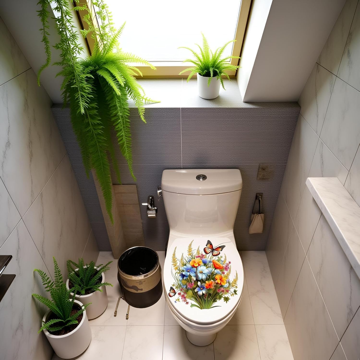 Bathroom Wall Decals, Toilet Stickers with Flowers, Butterflies, Green Plants, Peel and Stick Decor