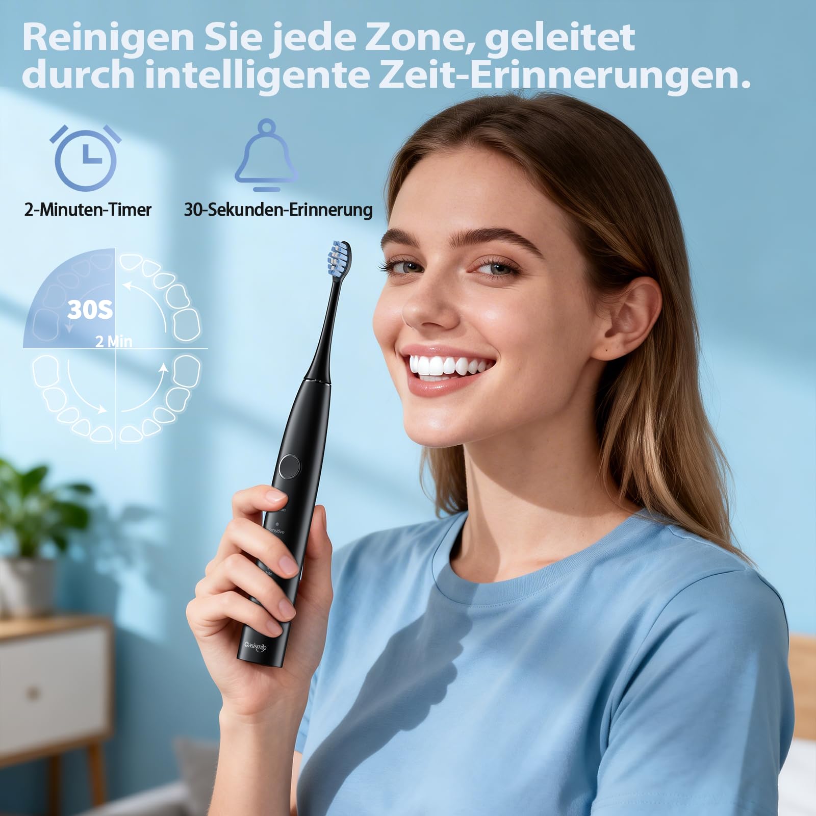 Oasismile X610 Elektrische Schallzahnbürste für Empfindliches Zahnfleisch, Sanfte und Gründliche Reinigung, 5 Modi, 42000 VPM, 100 Tage Akku, IPX7 Wasserdicht, mit Reiseetui und 6 Bürstenköpfen