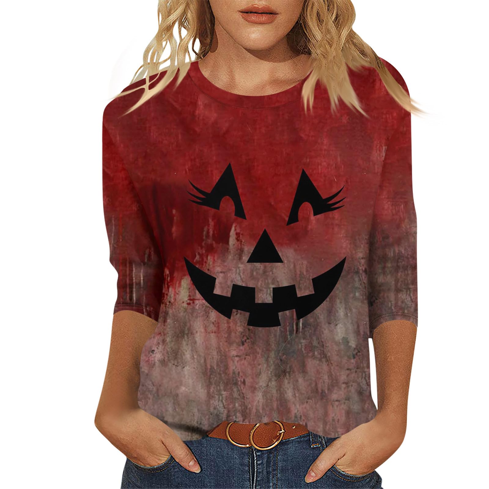 GOFULYHalloween Shirts for Women Plus Size Fall 3/4 Sleeve Tops Dressy Casual Crewneck Tunic Top Retro Halloween Print Shirt