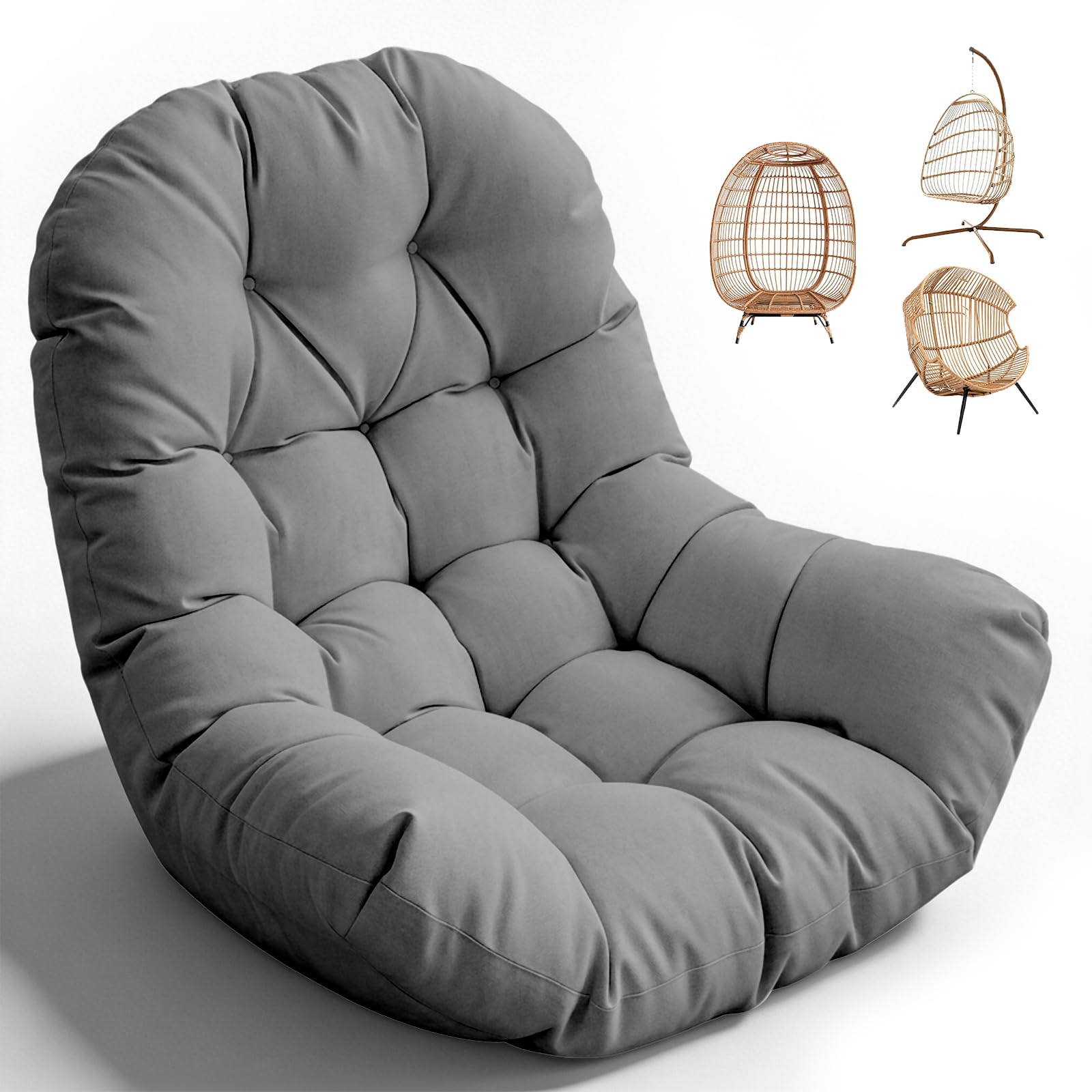 joomie Egg Swing Chair Cushion Replacement Waterproof 120x84x18 cm Thicken Outdoor Patio Hanging Basket Chair Cushions Removable Pad with Ties for Garden Cocoon Egg Hammock Chair, Grey
