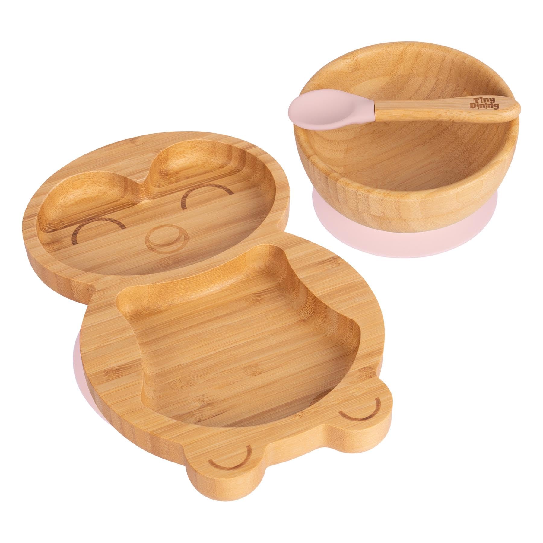 Tiny Dining Baby Dinner Set - Penguin - Pastel Pink - 3pc - Divided Non-Slip Bamboo Self-Feeding Weaning Plate, Bowl & Spoon for Babies, Toddlers, Children โ image 1