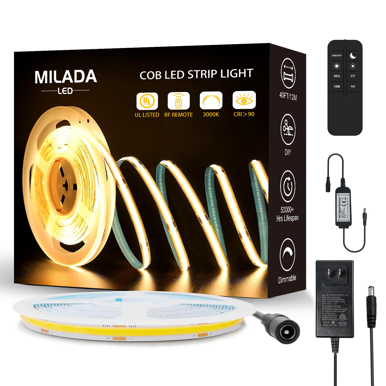 MILADALED 40FT/12M COB LED Strip Light 3000K Warm White High Lumen Dimmable Strip Paired with RF Remote 24V Ul Certified Adapter Suitable for Bedroom Cabinets