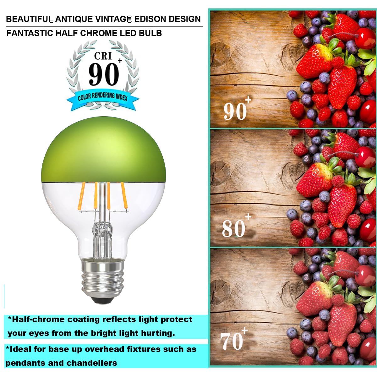 KOOYWAN Apple Green Crown Mirror Lights Bulb 6W(60W Equivalent) Half Chrome Lights Bulb Dimmable E27 LED Edison Bulb Globe Shape Decorative LED Bulb Half Reflected Light 2700K Soft White 2pcs - Image 2