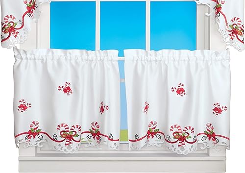 Miniatura 1 de Collections Etc Cortinas bordadas de bastón de caramelo para ventana con bolsillo para barra, decoración navideña del hogar para cualquier habitación