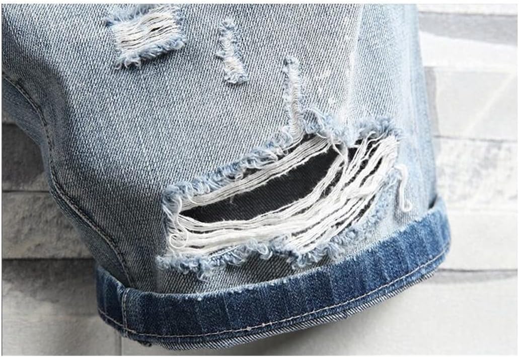 KEHAIOO Male Holes Jeans Shorts, Straight Fit Cotton Jean Shorts Pants, Light Blue Denim Shorts for Men