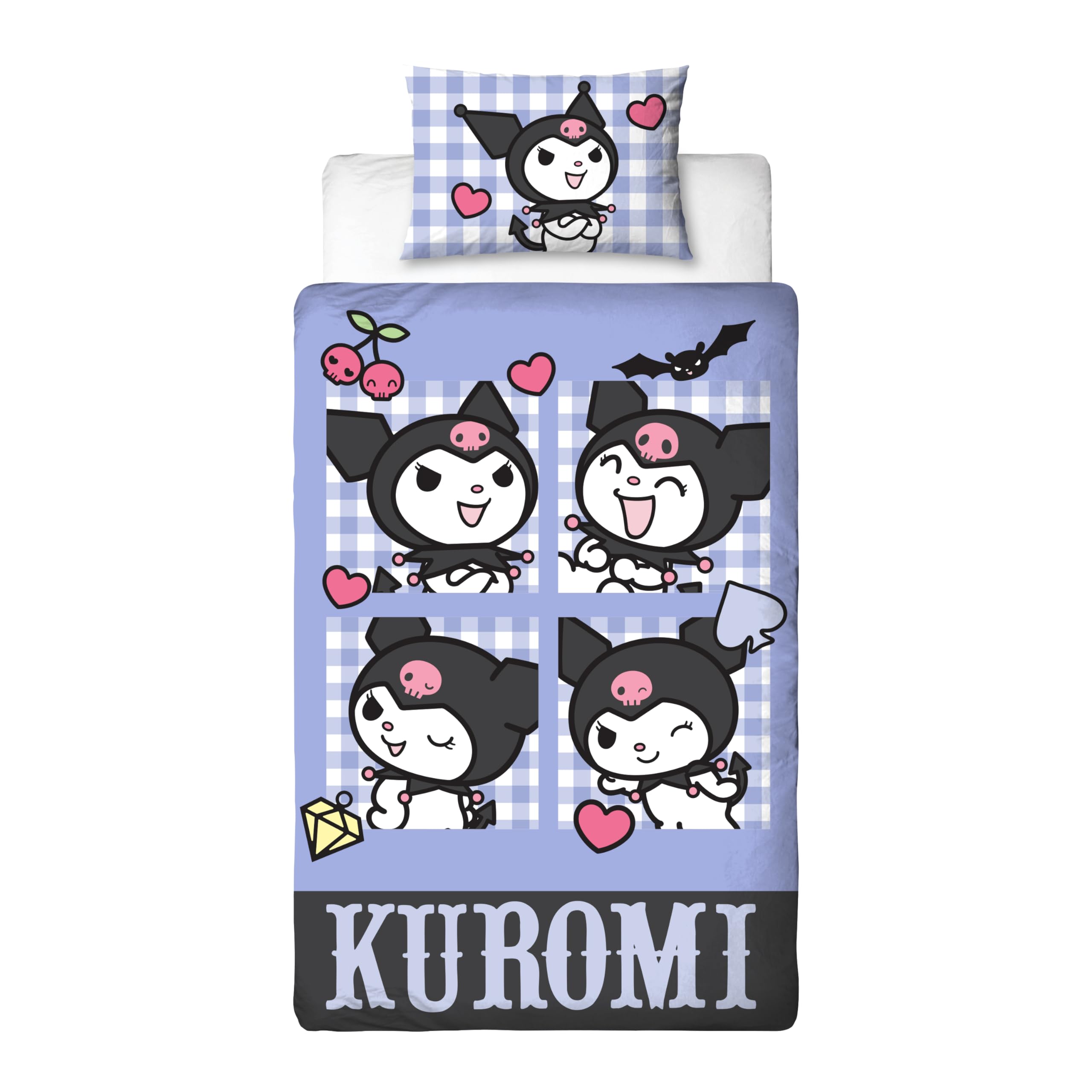 Set copripiumino singolo con licenza ufficiale Hello Kitty Rebel Design | Biancheria da letto Kuromi reversibile a 2 lati con federa coordinata | Perfetto per la camera dei bambini | Policotone