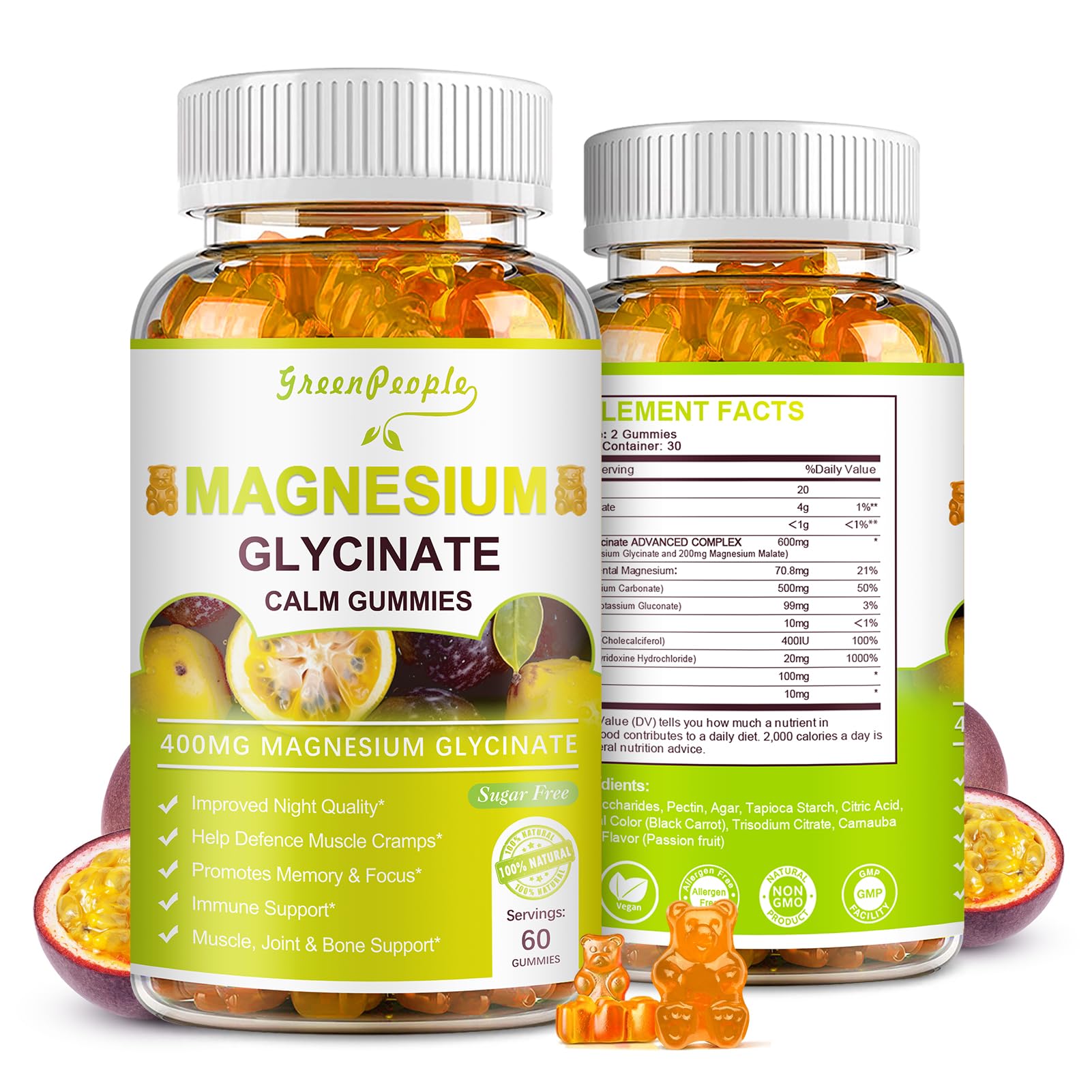 GREENPEOPLE Magnesium Glycinate Gummies 400mg - Sugar Free Magnesium Potassium Supplement with Magnesium Malate, Vitamin D, B6, and CoQ10 for Calm Support & Sleep for Adults - Passion Fruit Gummies