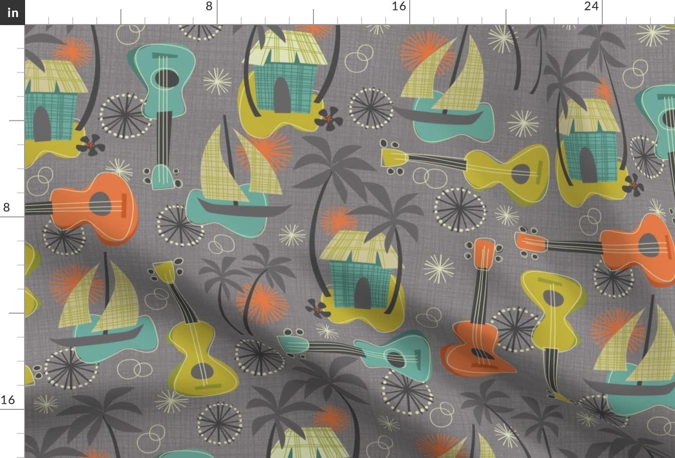 Spoonflower Fabric - Retro Ukulele Hawaii Island Mid Century Modern Palm Trees Tiki Orange Printed on Upholstery Velvet Fabric Fat Quarter - Upholstery Home Decor Bottomweight Apparel