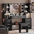 DWVO 45" W Vanity Desk w/Wireless Charging Station & Power Outlet, Mirror w/Lights Table Set with 4 Drawers, 3 Lighting Modes Brightness Adjustable for Bedroom Studio, Upgraded Dark Black