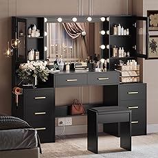 DWVO 45" W Vanity Desk w/Wireless Charging Station & Power Outlet, Mirror w/Lights Table Set with 4 Drawers, 3 Lighting Modes Brightness Adjustable for Bedroom Studio, Upgraded Dark Black
