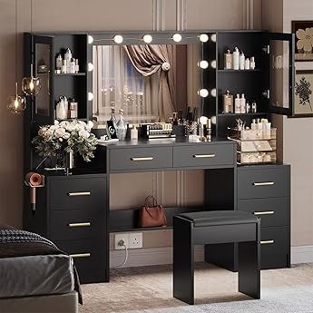 DWVO 45" W Vanity Desk w/Wireless Charging Station & Power Outlet, Mirror w/Lights Table Set with 4 Drawers, 3 Lighting Modes Brightness Adjustable for Bedroom Studio, Upgraded Dark Black
