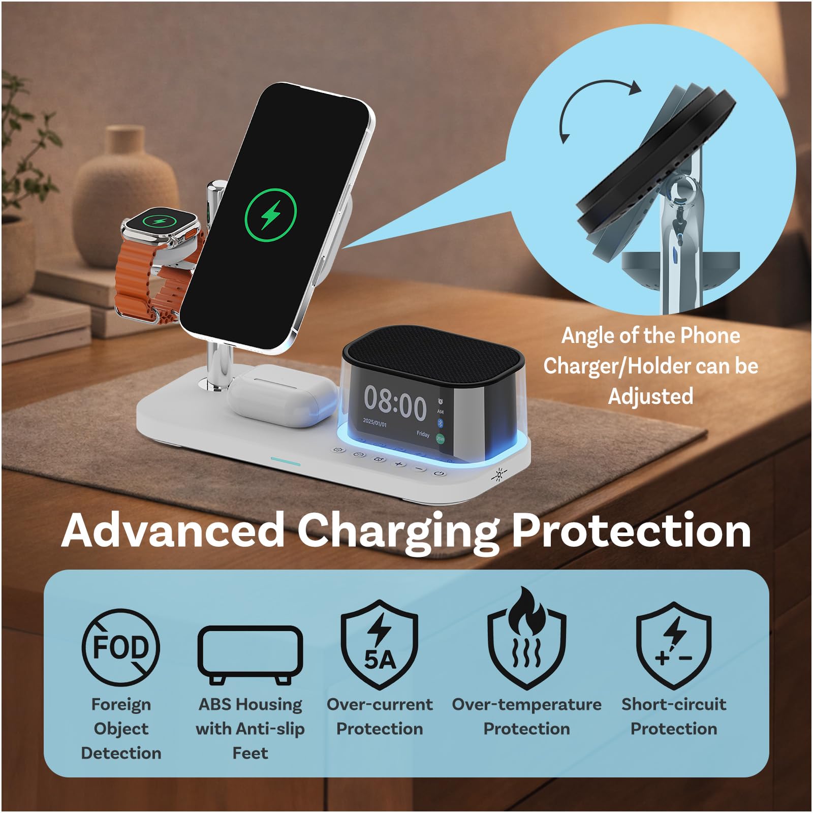 Caricatore Wireless Magnetica 5 in 1 con Sveglia, Altoparlante Bluetooth e Luce Notturna LED per MagSafe di MMOBIEL – Stazione Ricarica Qi2.2 25W per iPhone, per Apple Watch e per AirPods – Bianco