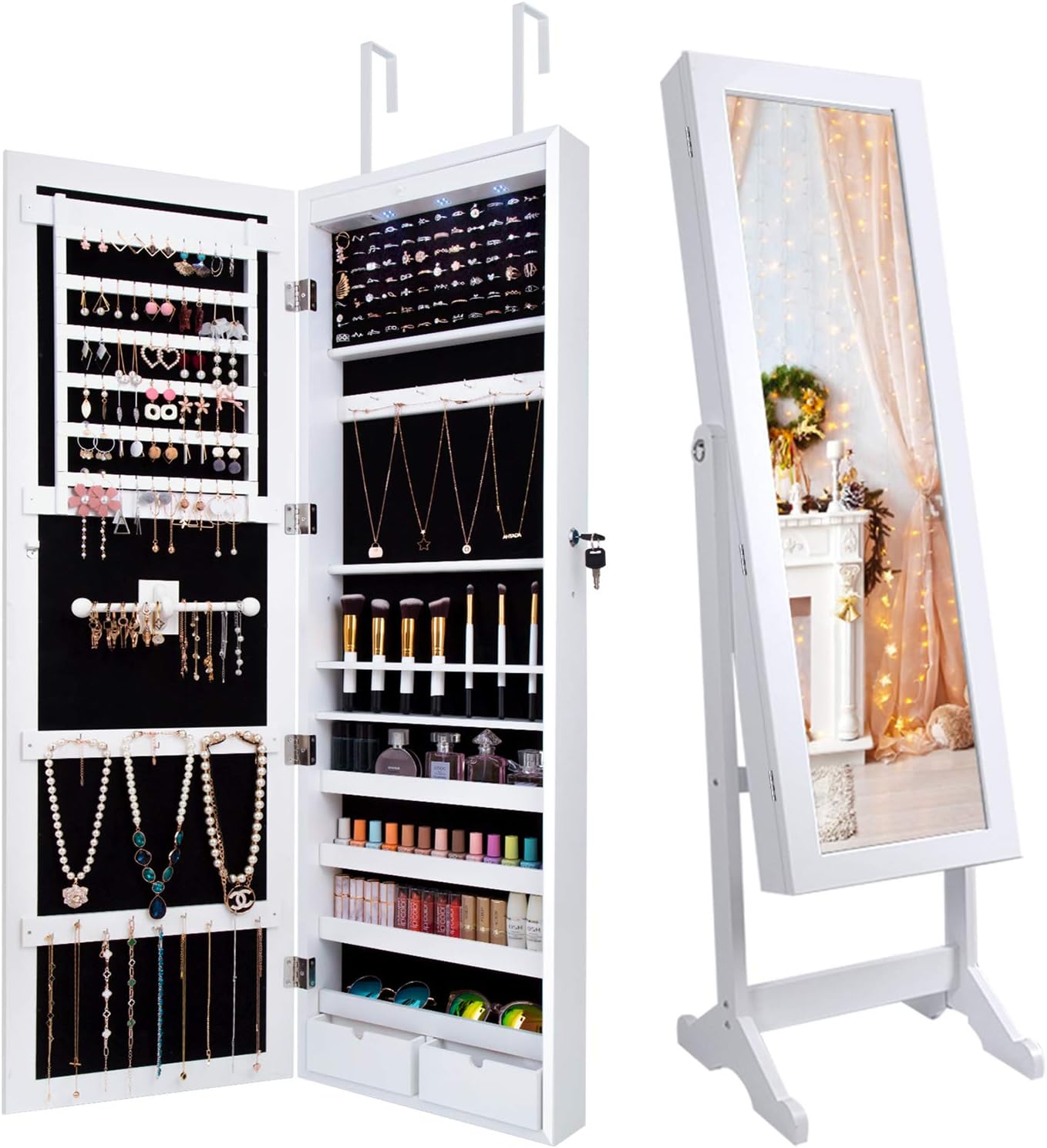 Jewelry Cabinet Organizer Armoire Box Storage Over The Door Mirror Lockable Standing Wall Door Mounted Full Length Door Mirror Hanging Jewelry Earring Organizer Necklace Holder