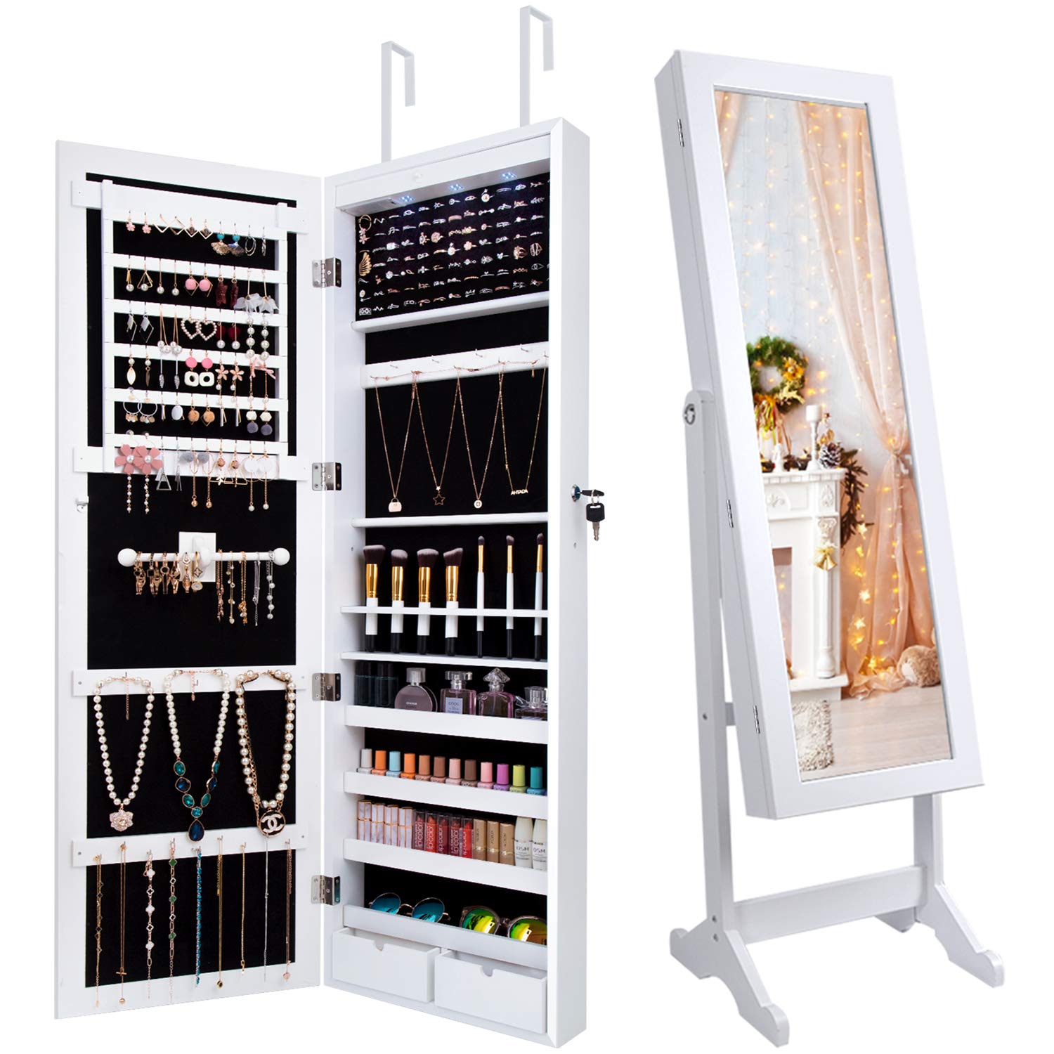 Jewelry Cabinet Organizer Armoire Box Storage Over The Door Mirror Lockable Standing Wall Door Mounted Full Length Door Mirror Hanging Jewelry Earring Organizer Necklace Holder