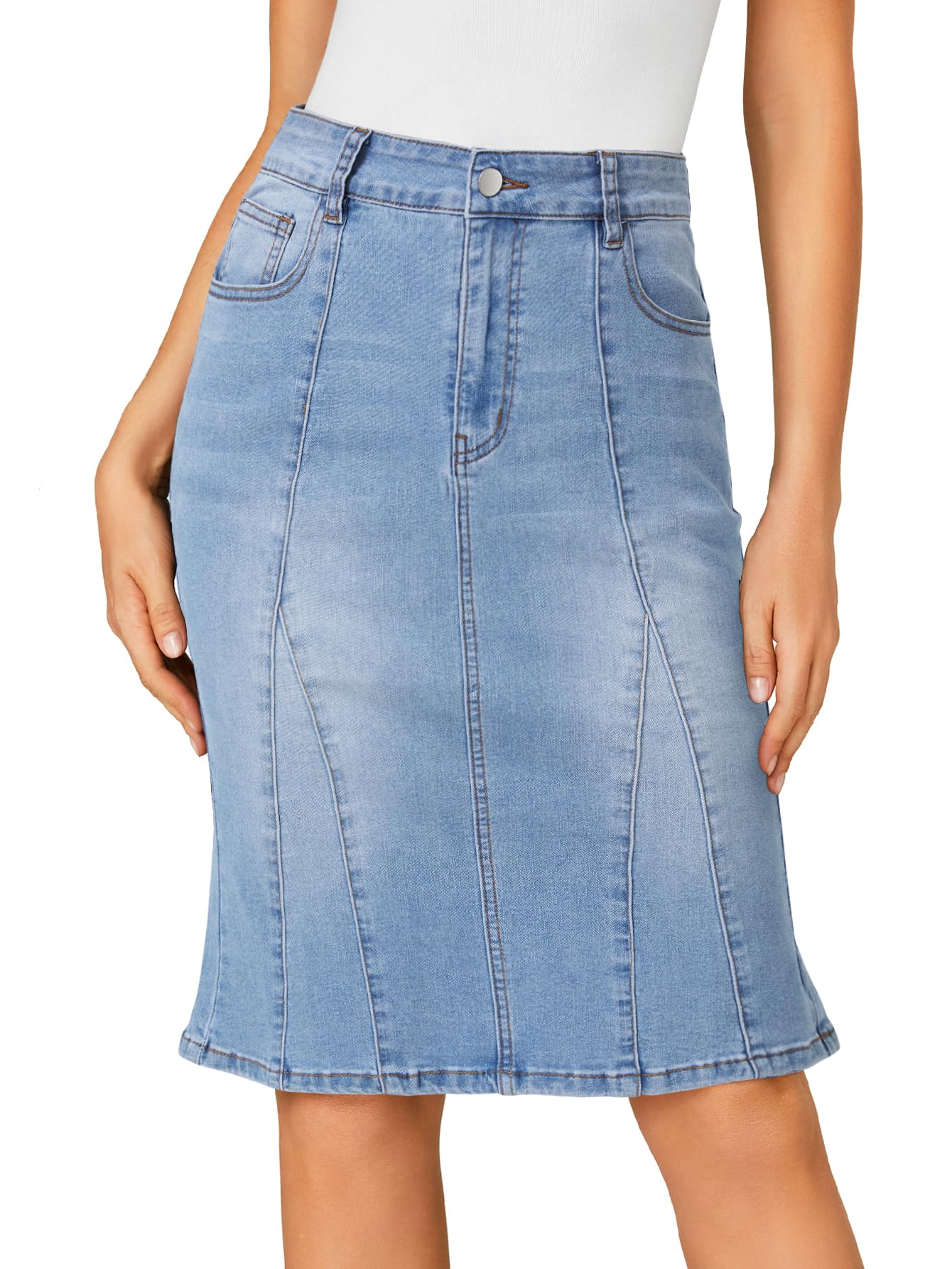 LYANER Damen-Jeansrock, hohe Taille, knielang, Bleistiftform, Meerjungfrauen-Stil, Stretch, Jeansrock