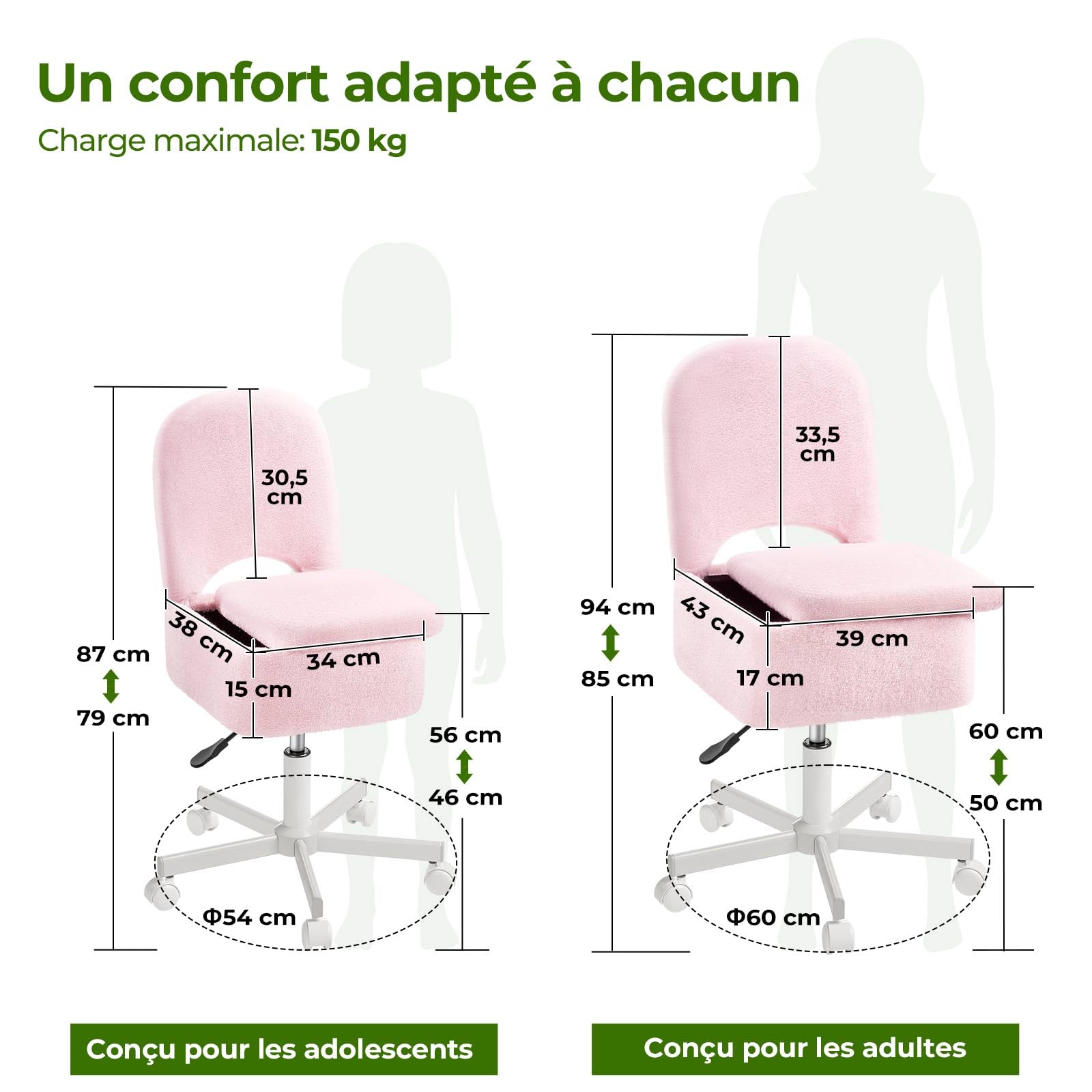 Rolanstar Chaise et Coiffeuse à Hauteur Réglable avec Rangement, Confort Tabouret de Salon pour Vanité, Velours, Bureau à Domicile(Rose,Grande)