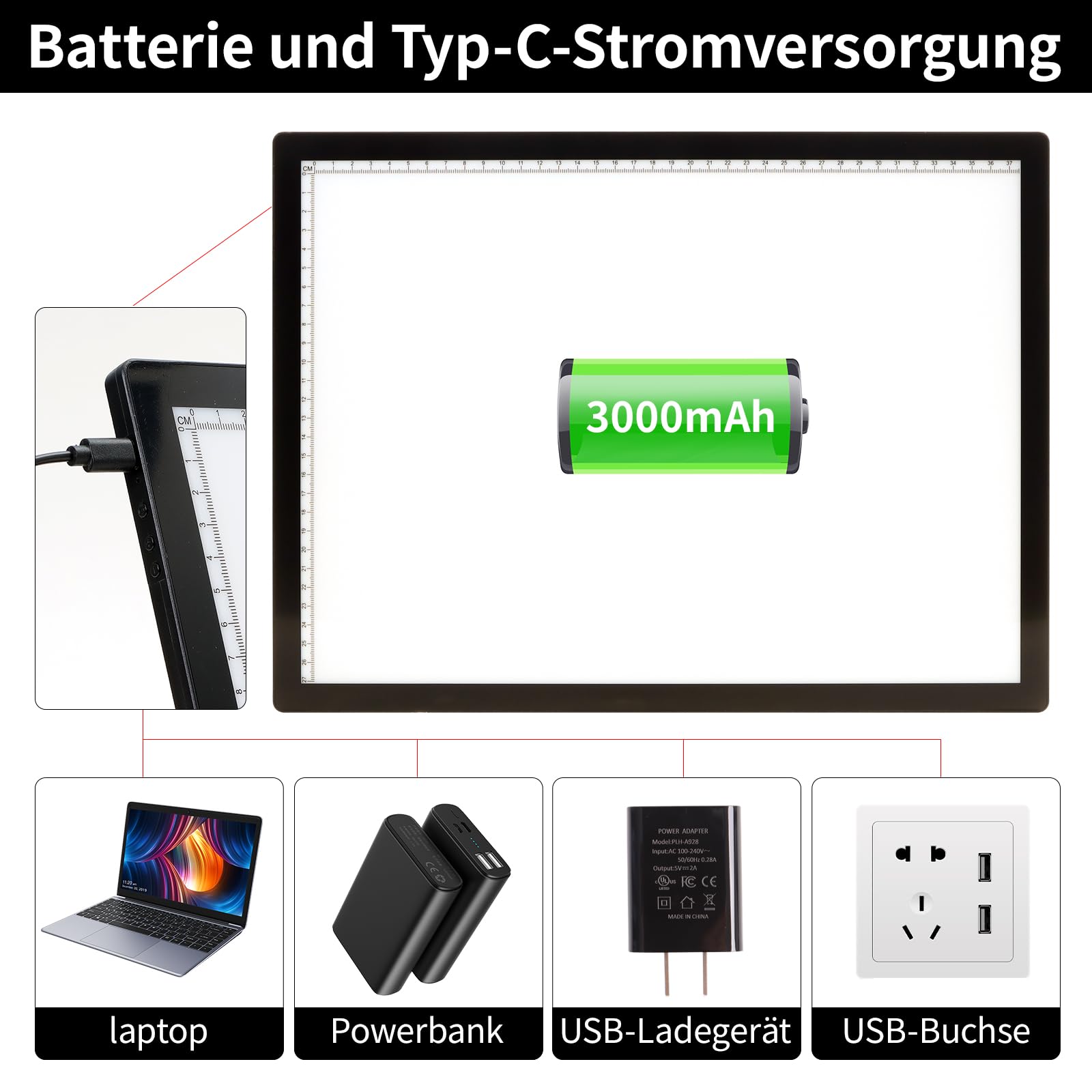 iVAOOZE Leuchttisch A3 mit Ständer/clips,3000mAH Batterie Wiederaufladbares lichtpad,3 Farben dimmbar und 6 Helligkeitsdimmen Lichtplatten für Zeichnung,Diamond Painting,Skizzieren,Tattoo,Designen