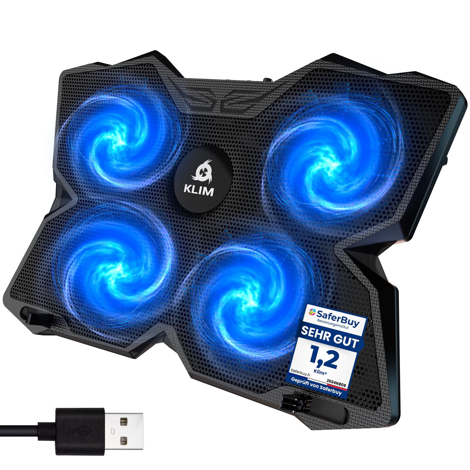 KLIM Wind Laptop Cooling Pad - More Than 500 000 Units Sold - New Version - The Most Powerful Rapid Action Cooling Fan - Laptop Stand with 4 Cooling Fans at 1200 RPM - USB Fan - PS5 PS4 - Blue