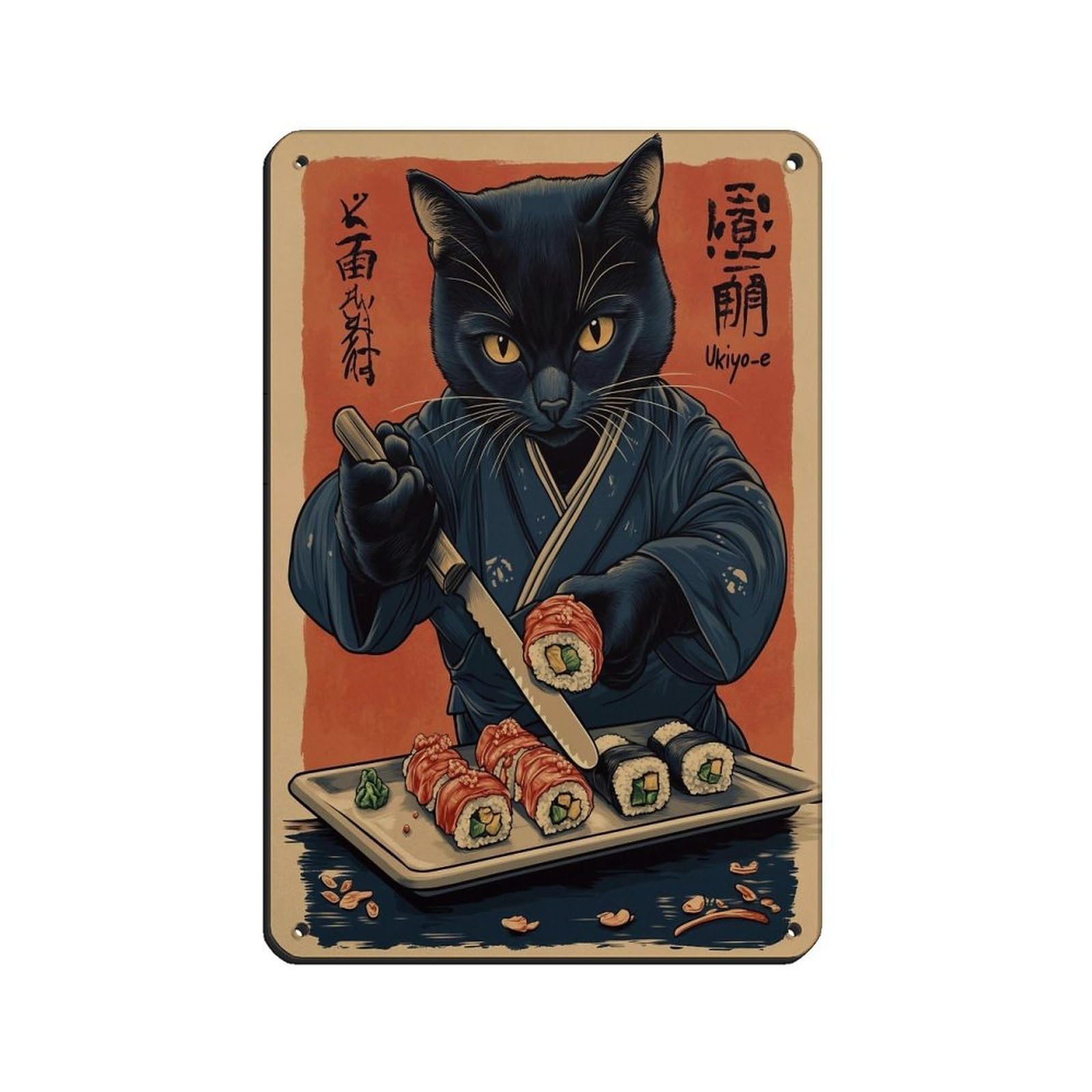 Lxwnze 20L X 30W Cm Cat Sushi Chef Art Poster, Tin Sign Vintage Metal Pub Club Cafe Bar Home Wall Art Decoration Poster Retro 8X12inch(20X30cm)