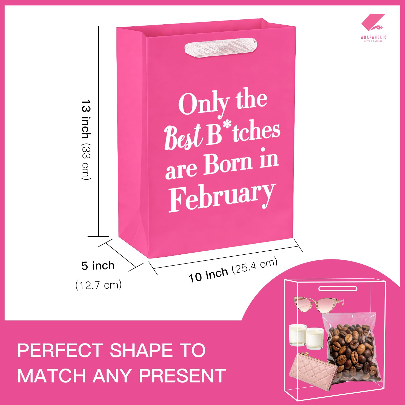 WRAPAHOLIC 13" Large Funny Birthday Month Gift Bag with Tissue Paper - Best Bitches Born in February Humor Bday Gift Bags for Women Best Friends Birthday