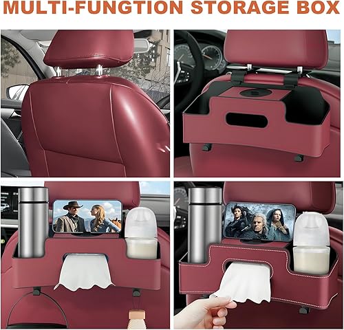 Miniatura 8 de Organizador de asiento de automóvil con 2 portavasos para bebidas, caja de pañuelos, soporte para teléfono y gancho, bolsa de almacenamiento