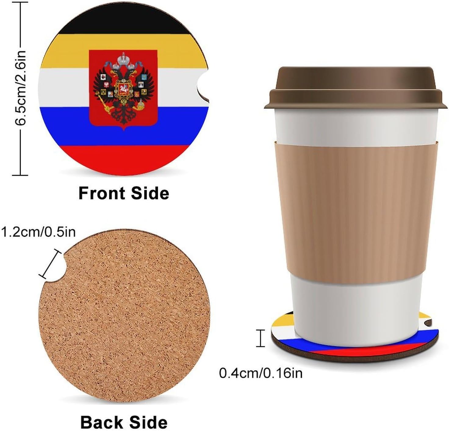 Flag of Russia Cute Car Coasters 2.56 Inch Absorbent Cup Holder for Drinks Auto Interior Accessories