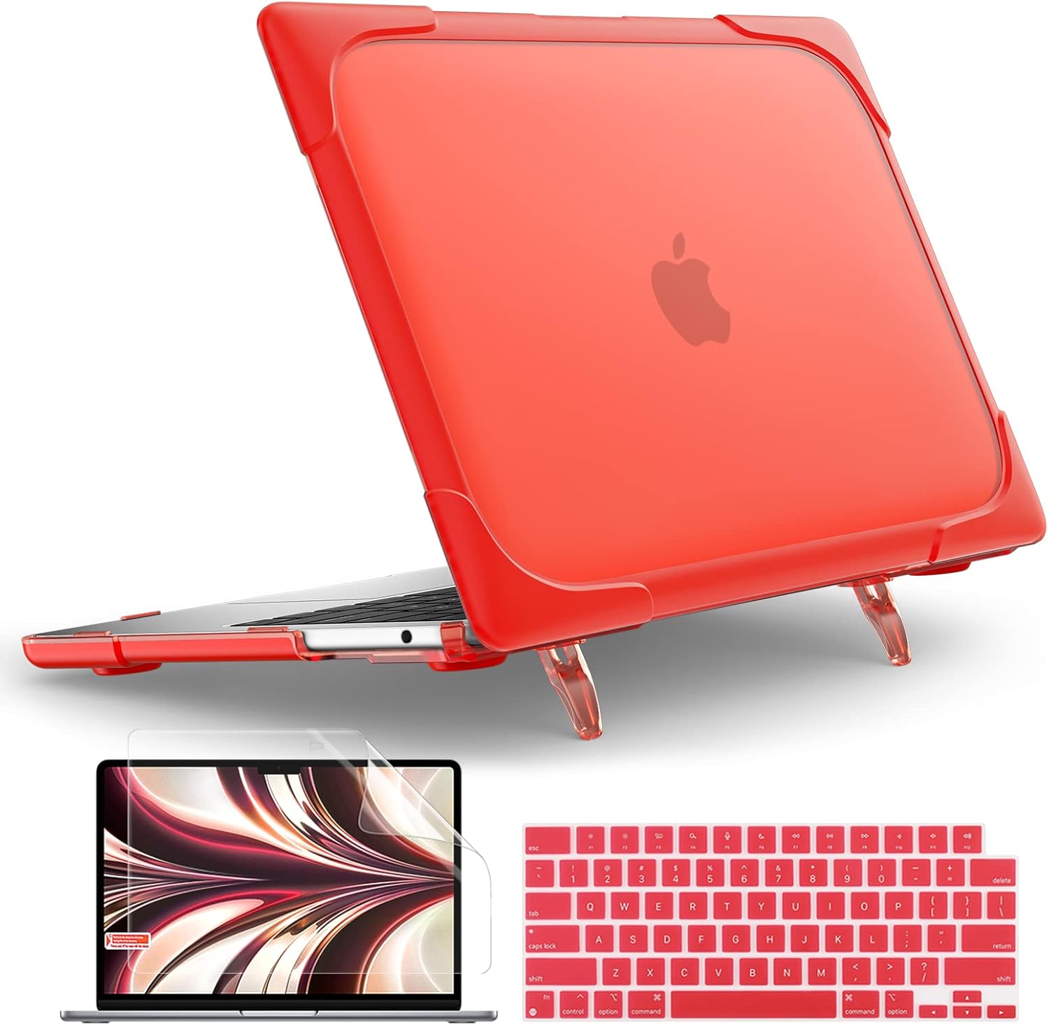 TWOLSKOO for MacBook Air 13.6 inch Case 2024 2023 2022 M3 M2 Chip A3113 A2681 with Touch ID, Heavy Duty Rugged Shockproof Hard Shell Dual Layer Protective Cover with Fold Kickstand, Red