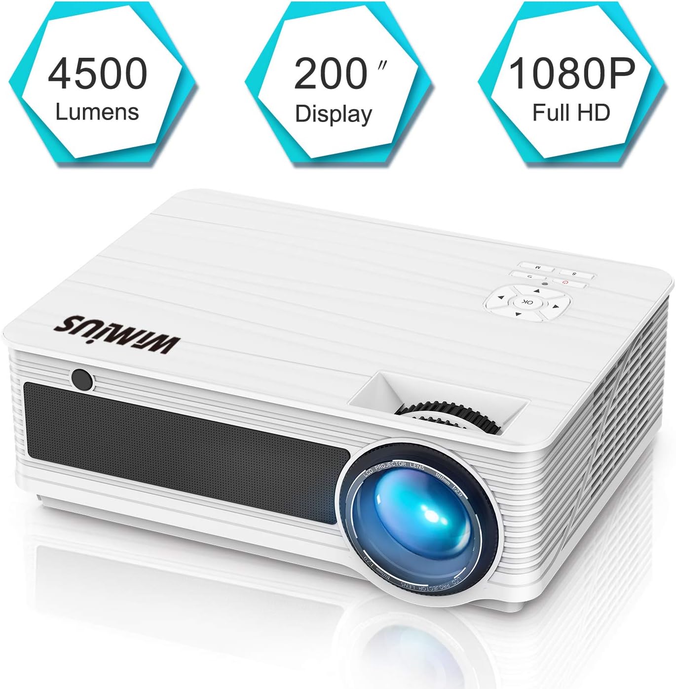 Projector, WiMiUS P18 Video Projector HD 4500 Lumens LED Projector 200" LCD Home Cinema Theater Projector Support 1080P HDMI VGA AV USB for Home Entertainment, Party and Games (White)