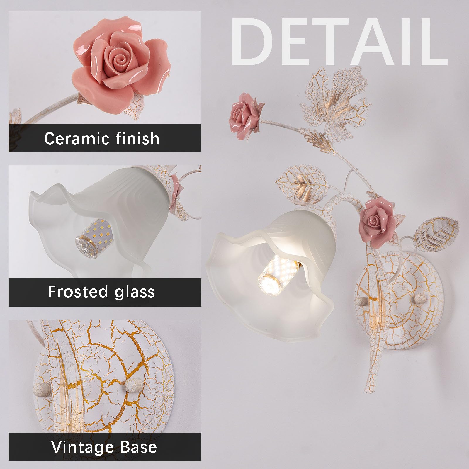 Blumen Wandlampe Innen Vintage,Weiße-Goldene Metal Base Deco Wandleuchte,Flower Lamp mit Glas-Lampenschirm Wall Sconces,Rosa Keramik Lampe Blume Wandleuchte füR Flur,Küche,Esszimmer,1Köpf.