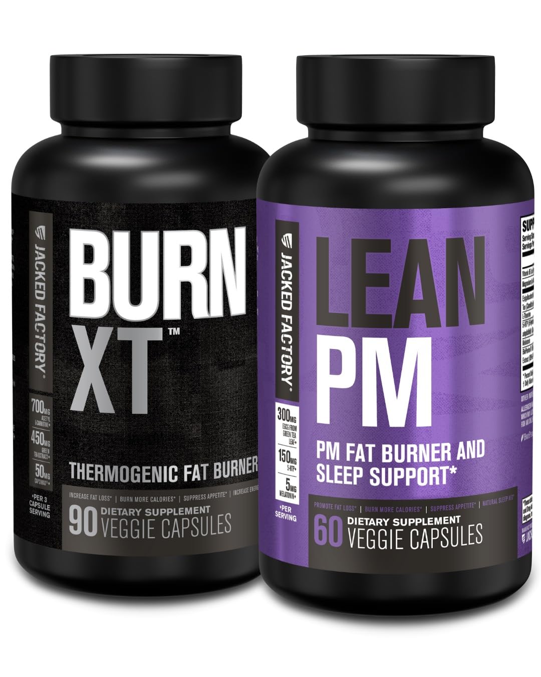 Jacked Factory Burn XT Thermogenic Fat Burner - Appetite Suppressant & Nootropic Energy Booster (90 Capsules) & Lean PM Weight Loss Supplement, Sleep Support | (60 Capsules)