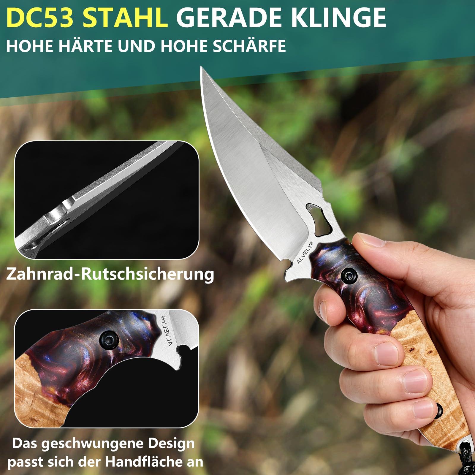 Handgefertigt DC53-Stahl-Festmesser,inklusive K-Typ-Scheide,Kunstharz Fusion Ahorn Griff，Geeignet für Camping, Bergsteigen und Wandern im Freien (Lila Muster)