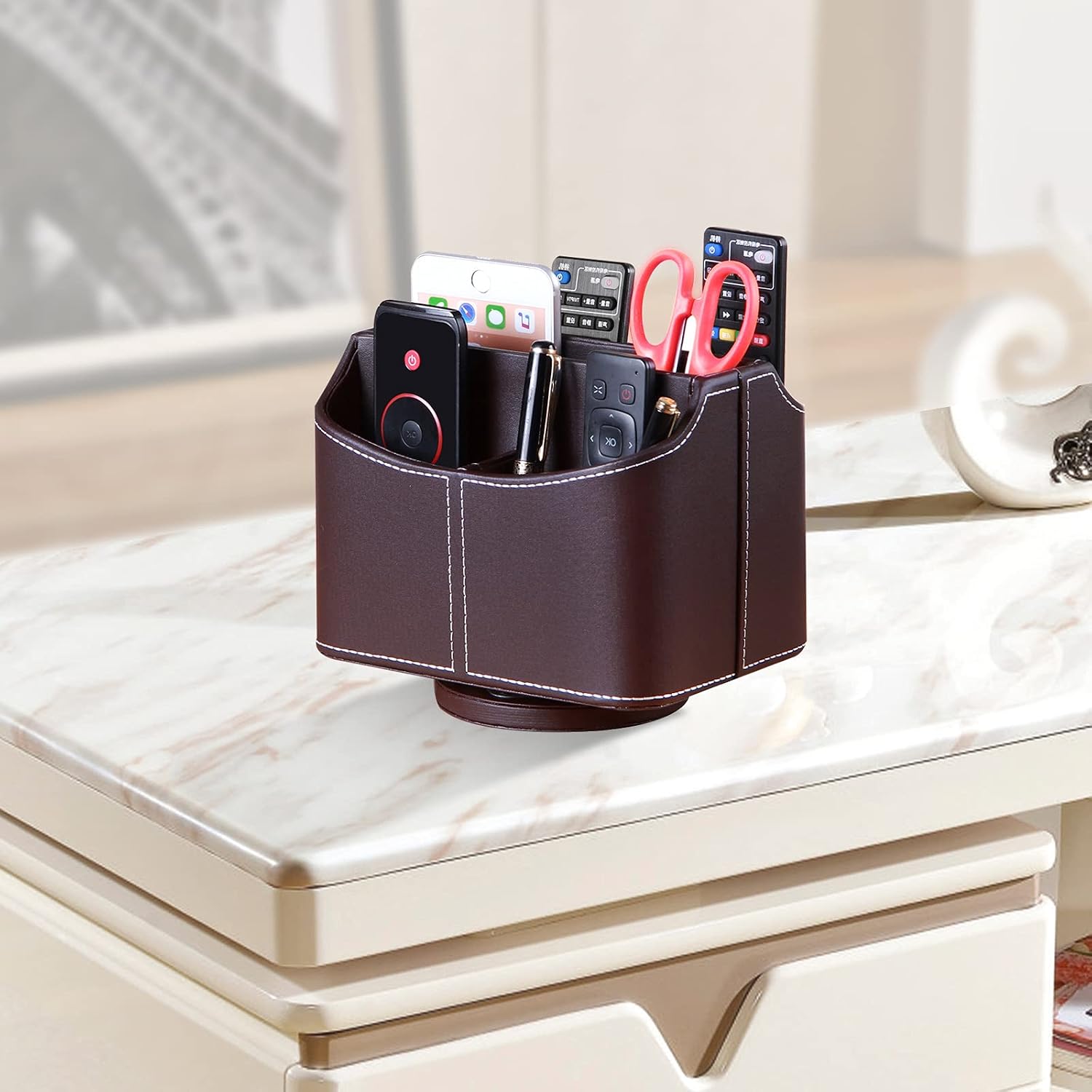 Arniche Leather Remote Control Holder,360 Degree Spinning TV Remote Caddy,Desk Organizers and Accessories for Controller,Media,Mail,Calculator,Mobile Phone Pen Storage and Caddy Holder(Brown)