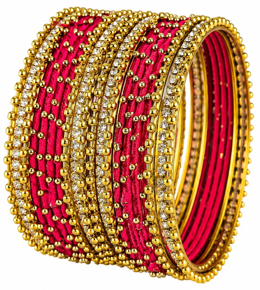 Image of NMII Non-Precious Metal with Base Metal and Zircon Gemstone Studded Ball Chain Linked Glossy Finished Silk thread Bangle set for Women and Girls
