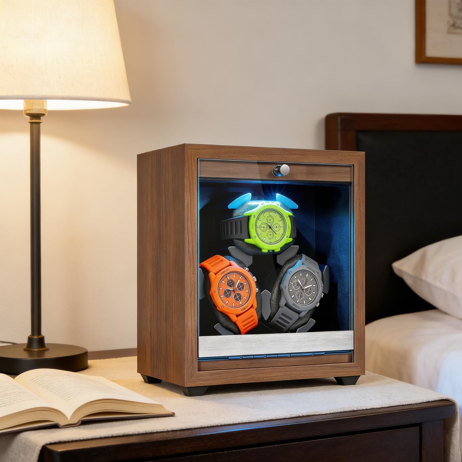 Carica Orologi Automatici Watch Winder, Scatola del Tempo per Orologi 3 Posti in Legno di Noce, Porta Orologio Automatico con 5 Modalità e Arresto Apertura
