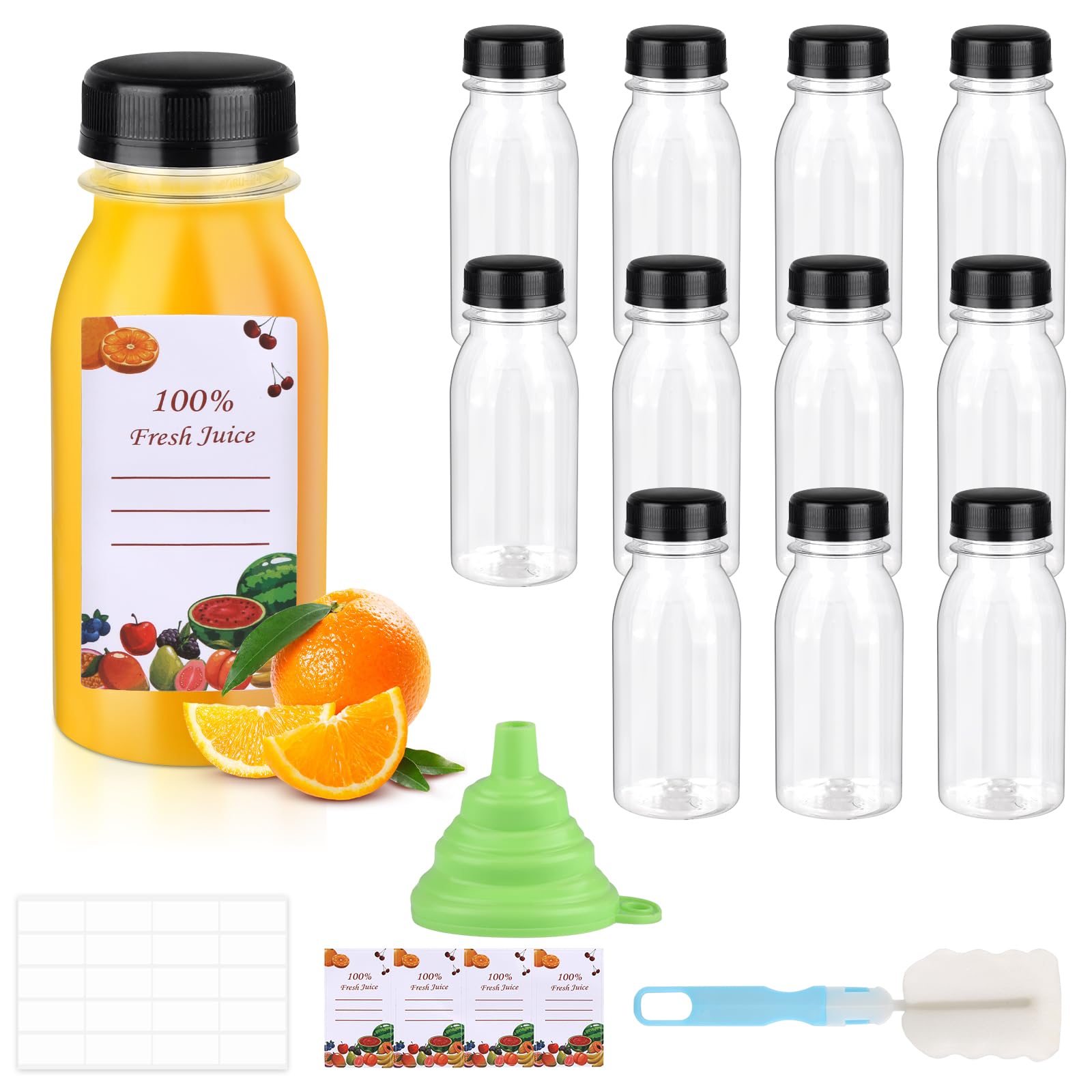 FAMCUCHE 12 Pack Plastic Juice Bottles with Lids, 3.4 Oz 100ml Plastic Bottles with Lids Funnel and Brush, Reusable Empty 100ml Shot Juice Bottle with Lid for Fruit Juices Water Beverages