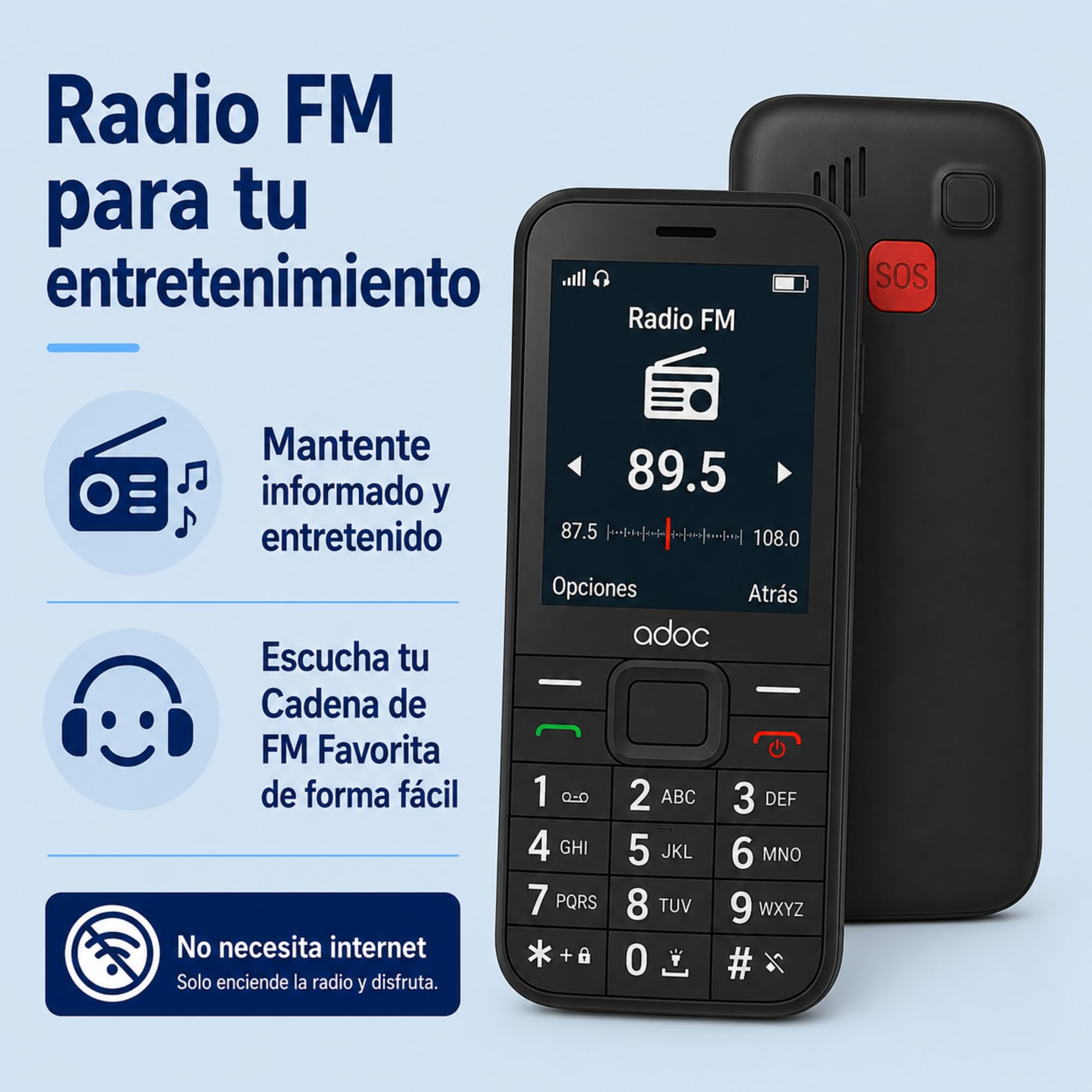 ADOC SP2 Teléfono Móvil para Personas Mayores, Negro