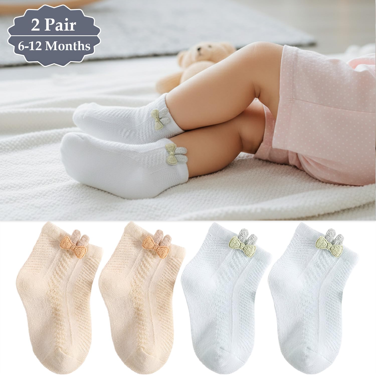 SYGA 2-Pairs Baby Socks Set Mesh Short Cotton with Bunny Cartoon Pattern for Ages 6-12 Months (Khaki, Green) 4