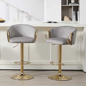 Velvet Bar Stools Set of 2, Adjustable 360 Swivel Counter Height Bar Chairs with Backs & Armrests, Gold Bar Stools for Kitchen Island & Home Bar, Grey